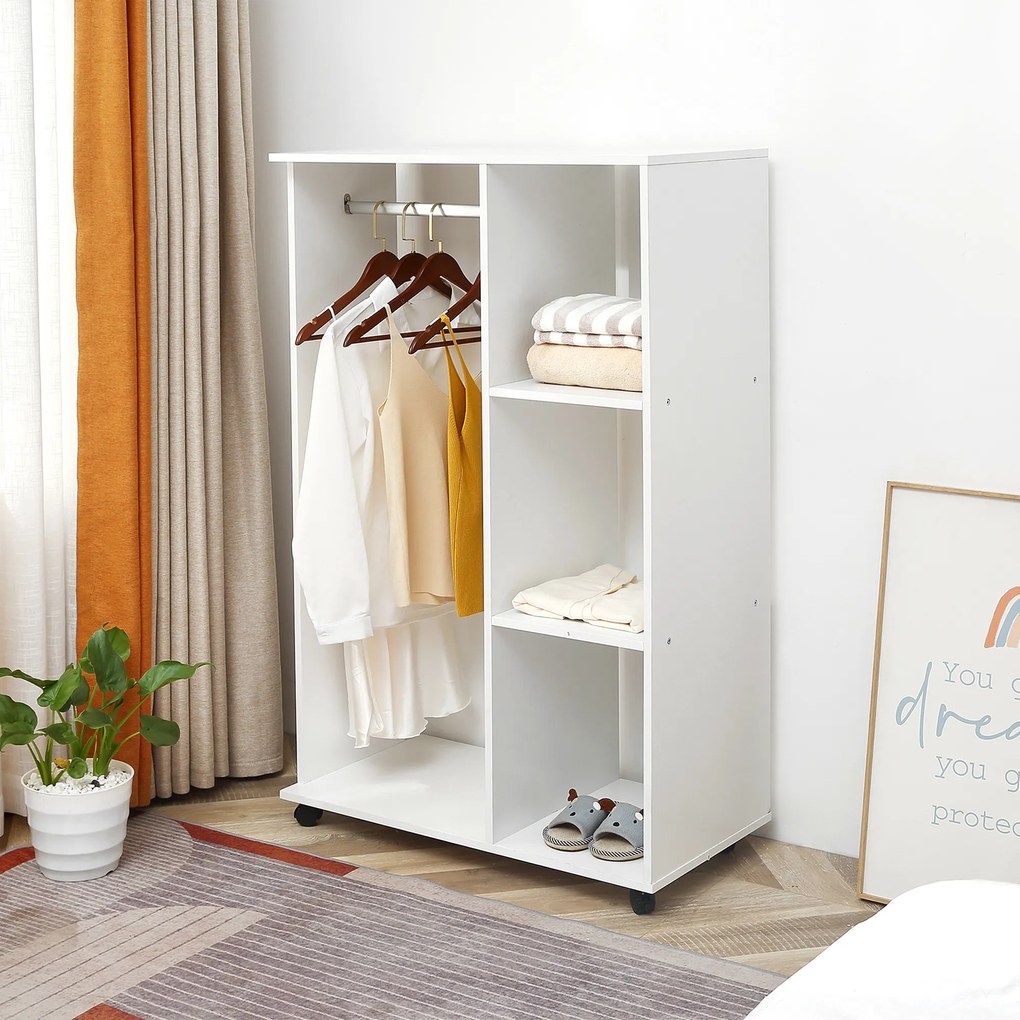 Guarda Roupa de Madeira Móvel Armário Roupeiro Aberto com Barra para Pendurar e 3 Prateleiras Organizadoras 80x40x128cm Branco