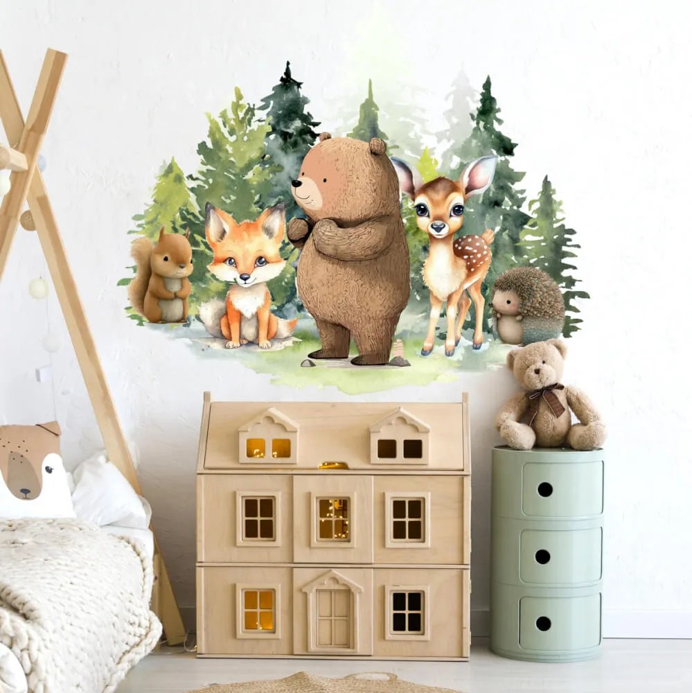 Autocolante de parede para meninos e meninas – Urso e corço na floresta