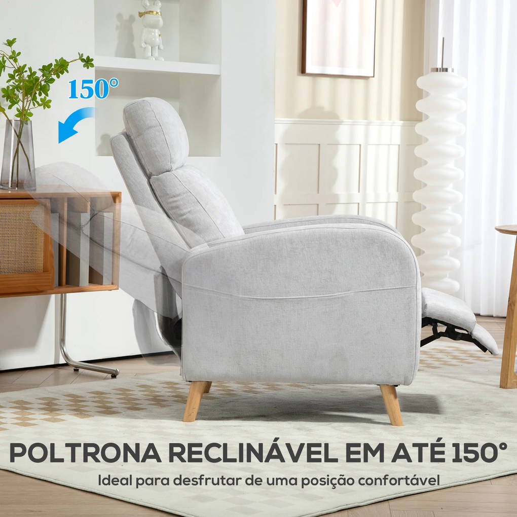 Poltrona Relax Reclinável Manual Estofada em Linho Sintético com Apoio para os Pés e Bolso Lateral 68x90x106 cm Cinza Claro