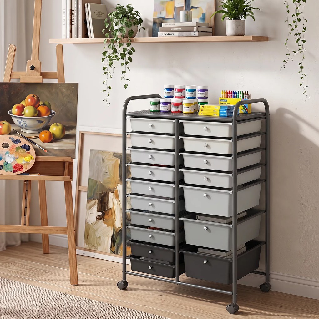 Carrinho de Armazenamento com 15 Gavetas, 63 x 38 x 96 cm, Rodas com Travão, Preto