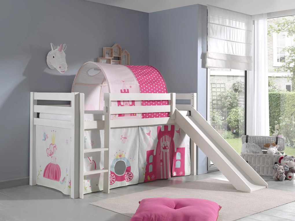Conjunto Cama alta de Criança PINO 90 x 200 cm + estrado + escada + escorrega + cortina + túnel Princesa branca