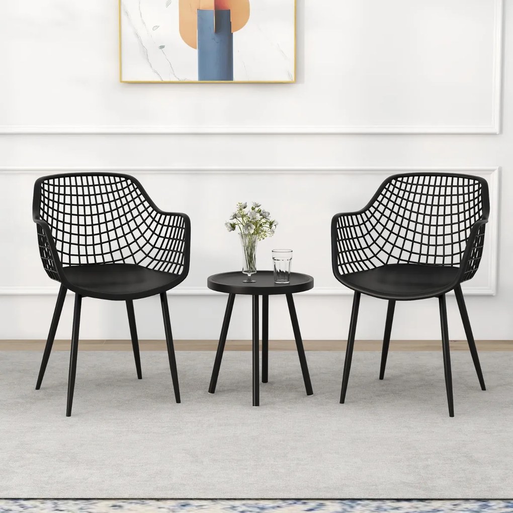Conjunto de jardim de 3 peças 2 cadeiras Bistro e mesa de apoio PP Metal Stand Conjunto de mobiliário de exterior para interior Preto