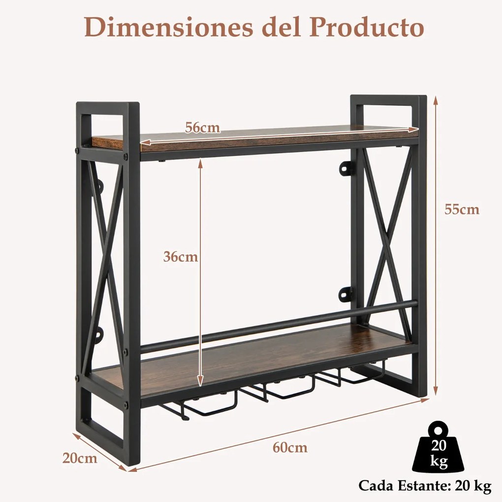 Garrafeira de parede metálica para garrafas de vinho para casa, bar e cozinha 60 x 20 x 55 cm Castanho