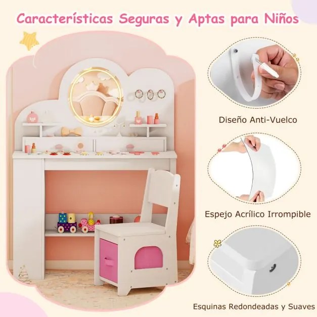 Toucador infantil com luzes e cadeira de princesa com 2 gavetas e Estante de 2 níveis, 3 ganchos e 2 prateleiras abertas Branco