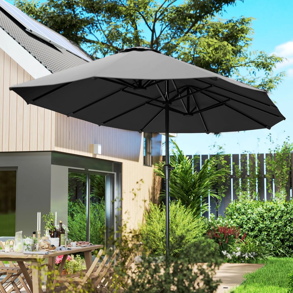 Chapéu de Sol Duplo 4x2,2 m Chapéu de Sol para Jardim com Manivela Manual Impermeável e Proteção UV30+ Cinza Escuro