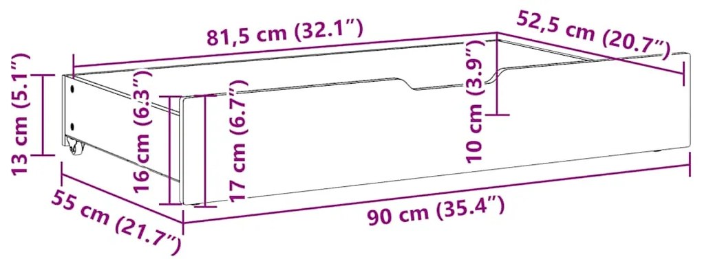 Gavetas para cama 2 pcs 90x55x17 cm pinho maciço branco