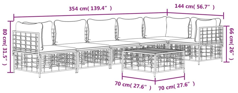 7 pcs conjunto lounge de jardim c/ almofadões vime PE antracite