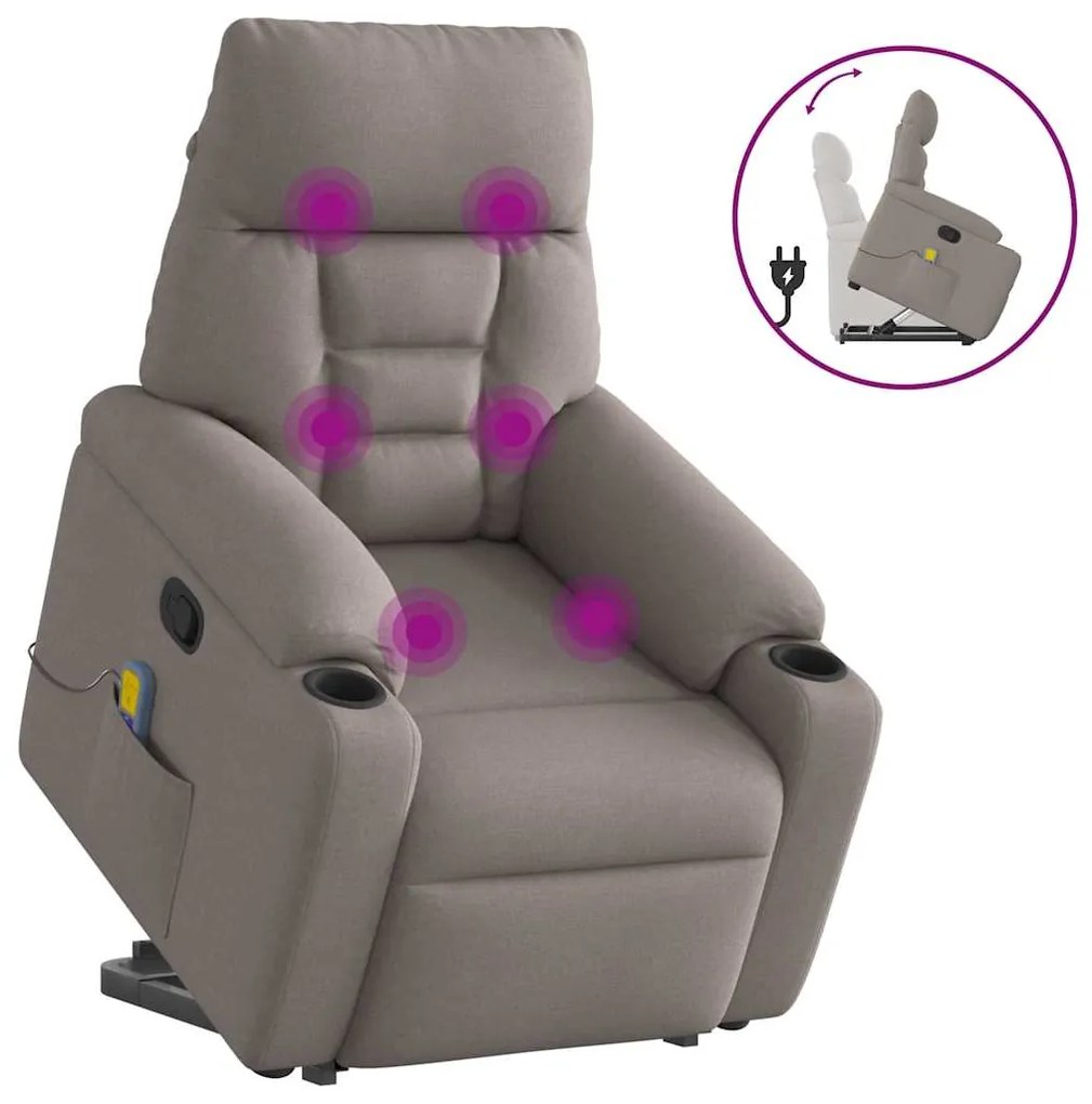 vidaXL Poltrona elevatória de massagens tecido cinzento-acastanhado