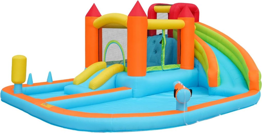 Castelo insuflável multifuncional com tobogã de água, trampolim, aro de basquetebol e pistola de água, para uso em seco e molhado, 460x343x190 cm, Laranja