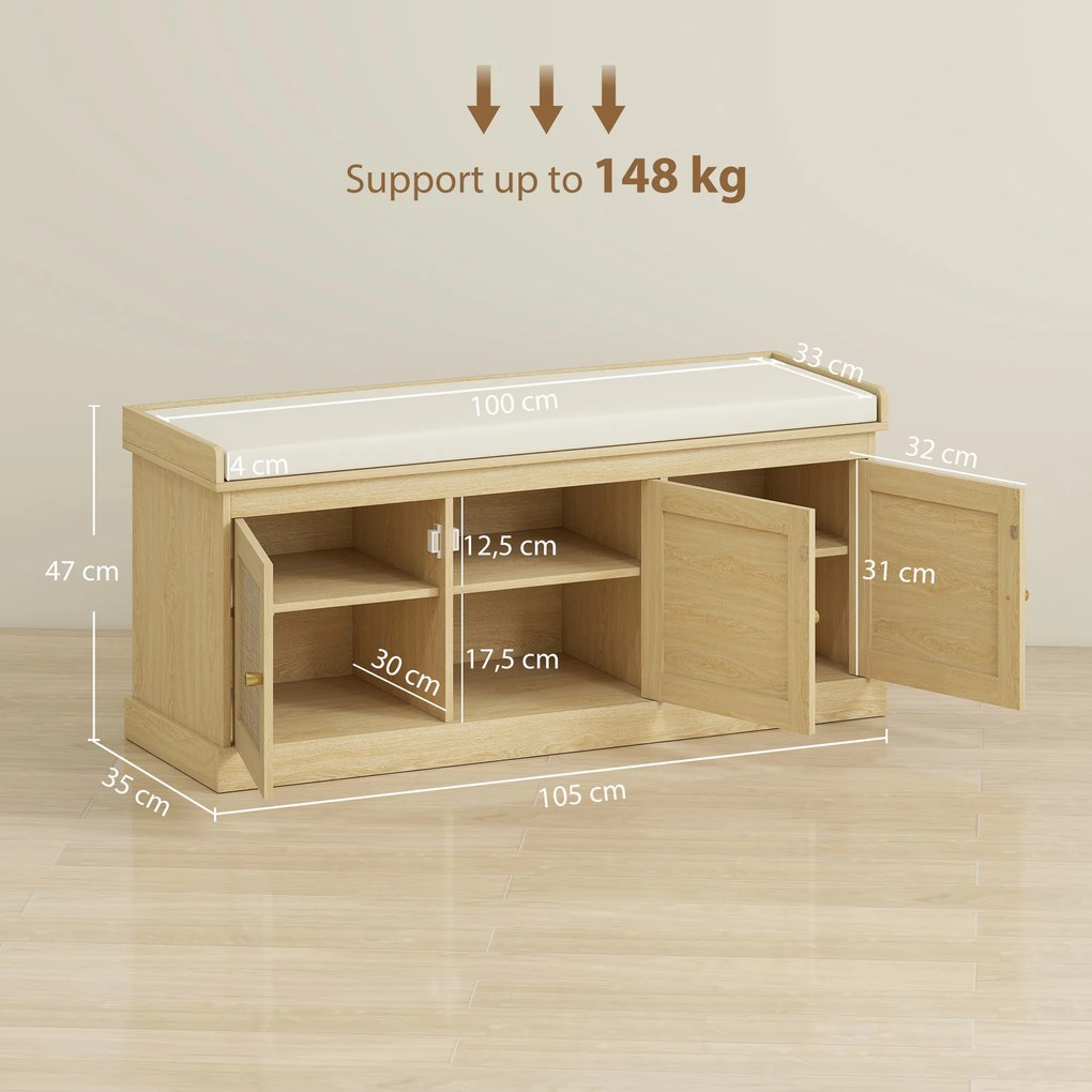 Banco para Sapatos de Entrada, 105 x 35 x 47 cm, Arrumação para 9 Pares, Cor Carvalho