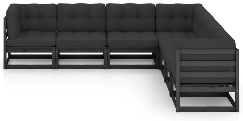 7pcs conjunto longue de jardim c/ almofadões pinho maciço preto