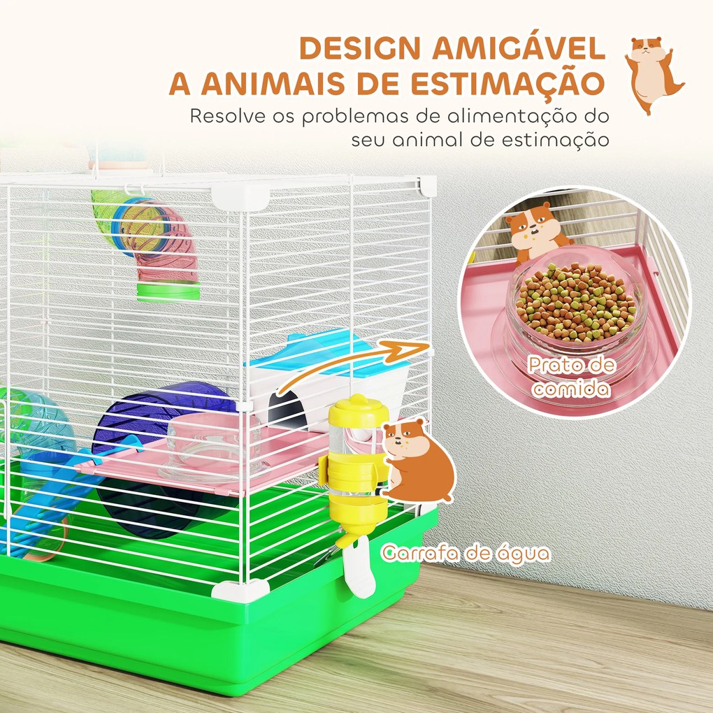 Gaiola para Hamster com Túnel Prato Bebedouro Casinha Rampa Roda de Exercício Bandeja Removível 46x30x37 cm Verde