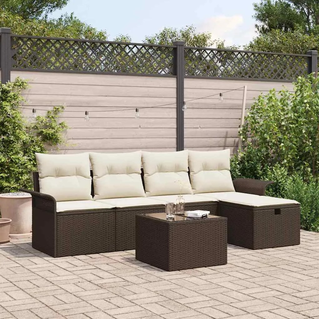 Conjunto de Sofás de Jardim de 6 Peças com Almofadas Castanho Vime Pol