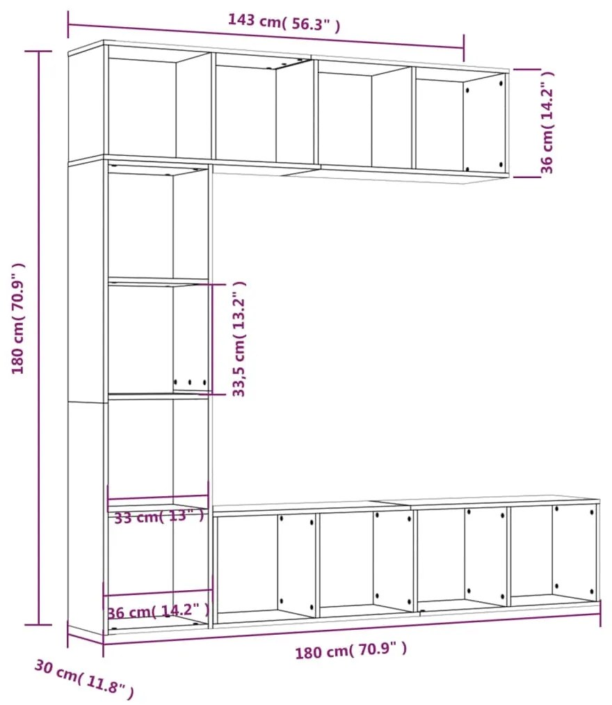 3 pcs conjunto estante/móvel TV 180x30x180 cm carvalho castanho