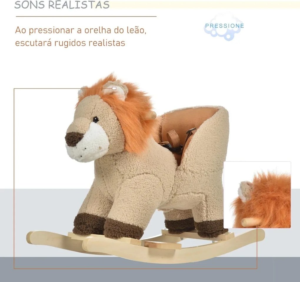 Baloiço Infantil em Forma de Leão de Pelúcia para Bebés 18-39 Meses com Som Cinto de Segurança Guidão Apoio para os Pés 68x35x50cm Castanho