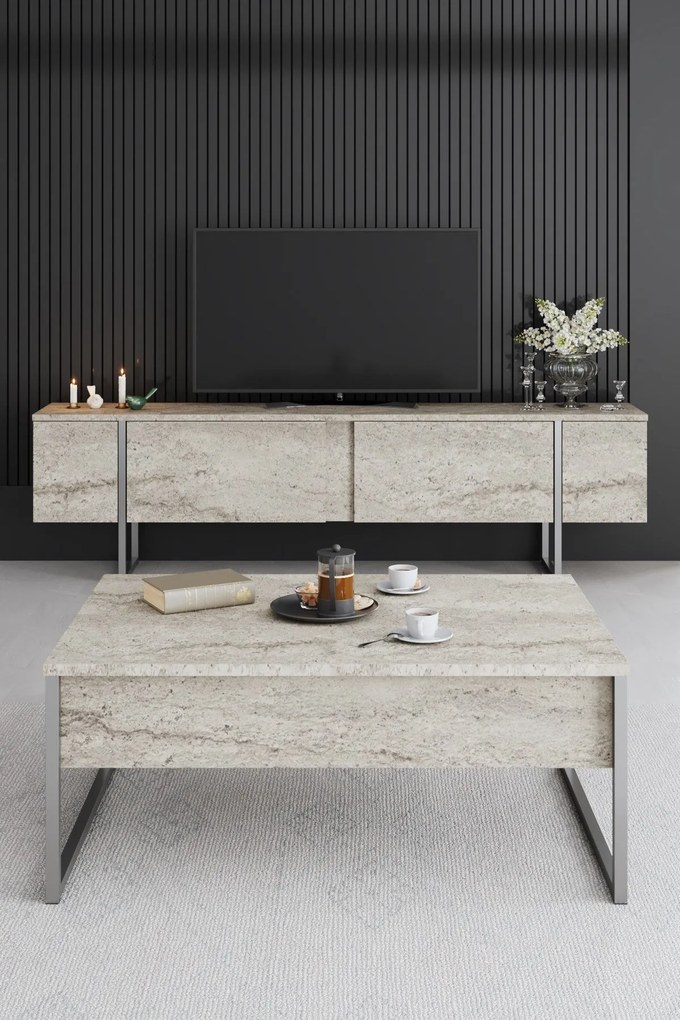 Móvel de TV "Madrid" - Travertino Mármore e Prata - 180x50x30cm - Desi