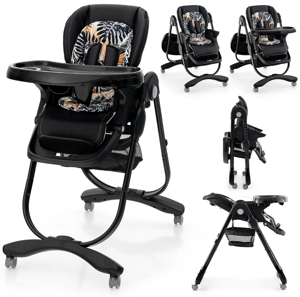 Cadeira alta dobrável refeição para bebés com rodas giratórias, 7 alturas ajustáveis, apoio para os pés, encosto, apoio para os pés e encosto em preto