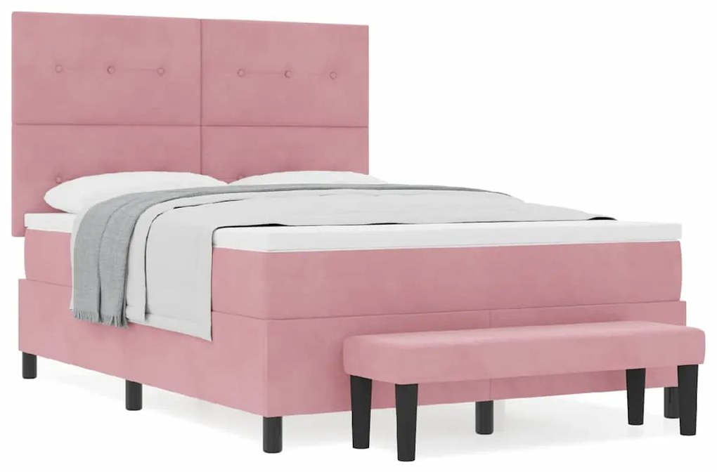 Cama Box com Colchão &amp; Banco Rosa 140x190 cm Veludo