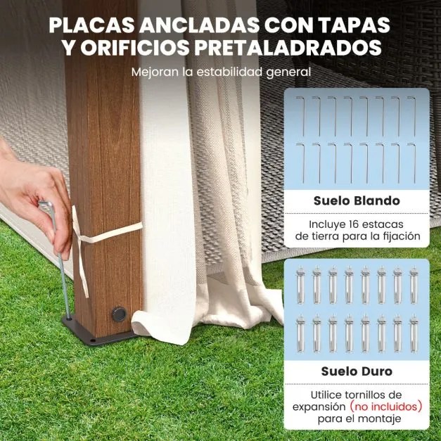 Pérgula 3,6 x 3 m com rede 2 níveis Telhado com estrutura metálica Tenda de jardim com telhado duplo para pátio exterior Terraço Bege