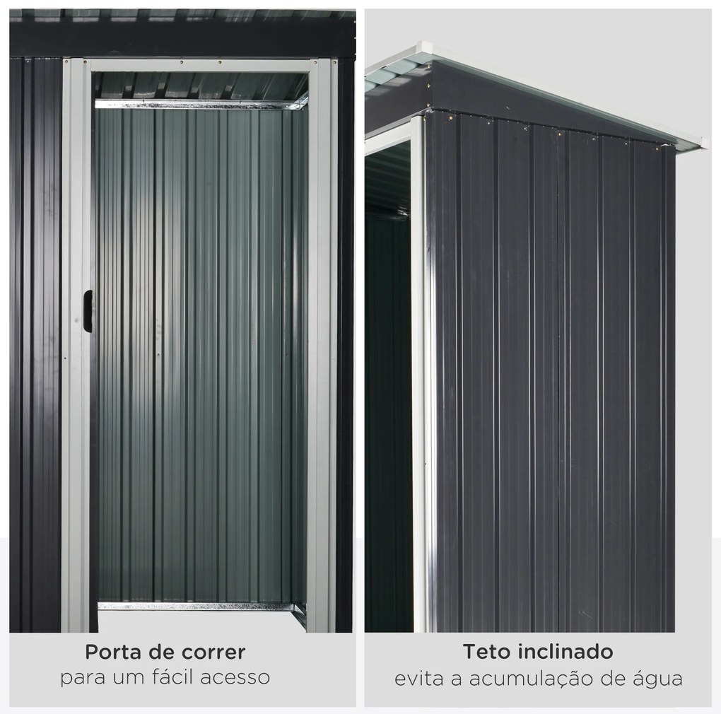 Abrigo de Jardim Exterior 1,5 m² 163x89x182 cm Abrigo Metálico para Ferramentas com Porta de Correr e Teto Inclinado Preto