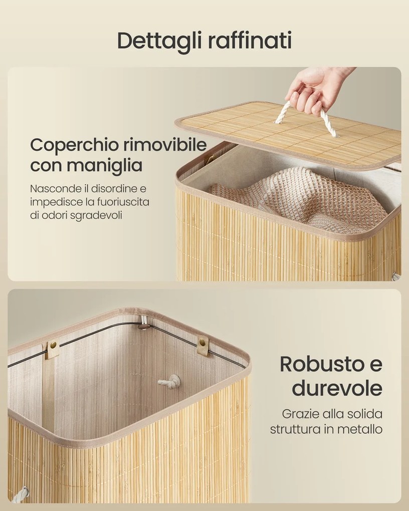 Cesto para roupa suja em bambu com tampa e saco removível 40 x 32 x 70 cm natural
