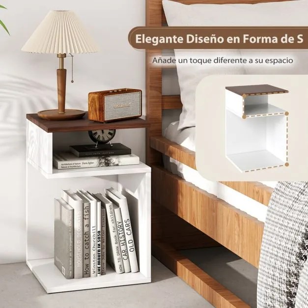Mesa de cabeceira 33 x 33 x 50 cm em forma de S com 2 compartimentos abertos branca e cor nogueira