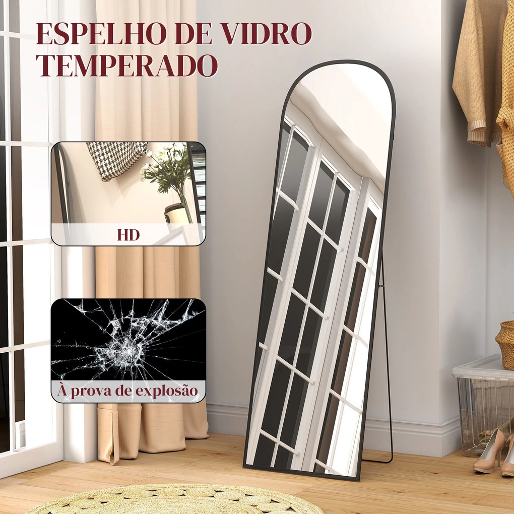 Espelho de Pé de Corpo Inteiro 60x165 cm com Estrutura de Liga de Alumínio e Suporte para Sala Quarto Preto