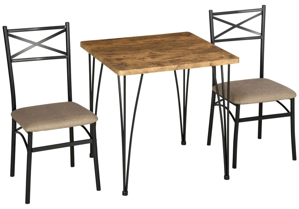 HOMCOM Conjunto de Sala de Jantar 3 Peças Conjunto 1 Mesa 74x74x76cm e 2 Cadeiras 42x50x91,5cm com Pés de Aço Estilo Moderno para Cozinha Marrom e Preto