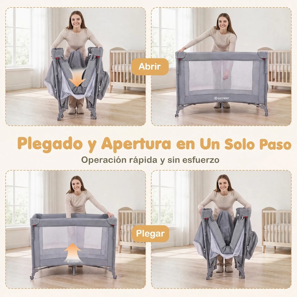 Berço Portátil Multifuncional, 110 x 76 x 77 cm, Dobrável com Muda-fraldas, Cinzento-claro