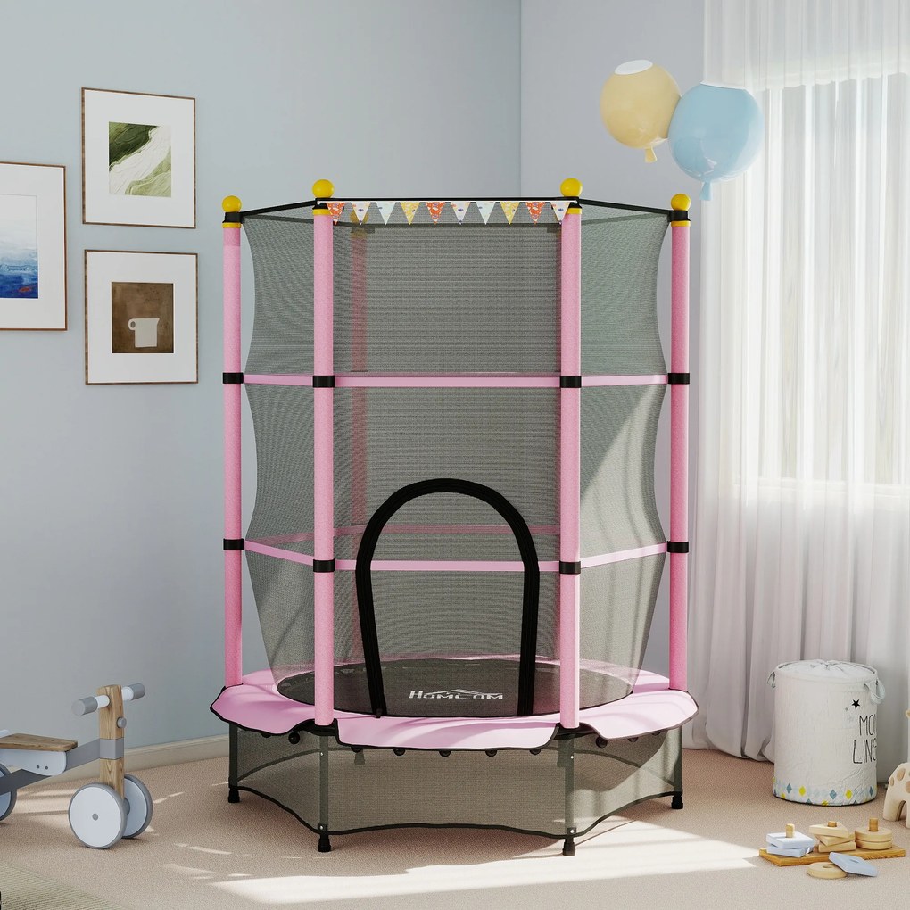 Trampoline Enfant Ø 1,40 × 1,90H m Filet de sécurité Porte zipée Couvre-Ressorts 6 poteaux rembourrés Inclus Rose FR