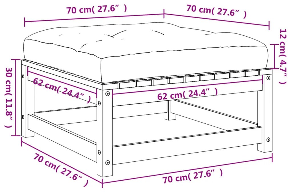 Apoio de pés p/ jardim c/ almofadões 2 pcs pinho maciço