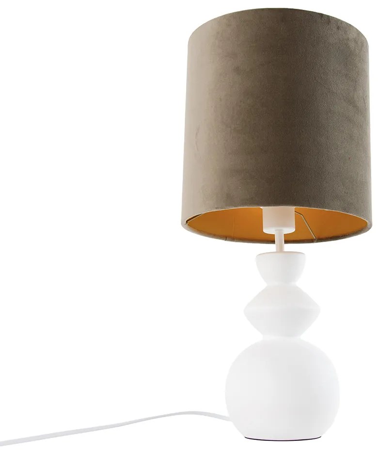 Candeeiro de Mesa Design Abajur em Veludo Branco Cinza-Claro e Dourado 25 cm - Alisia Design