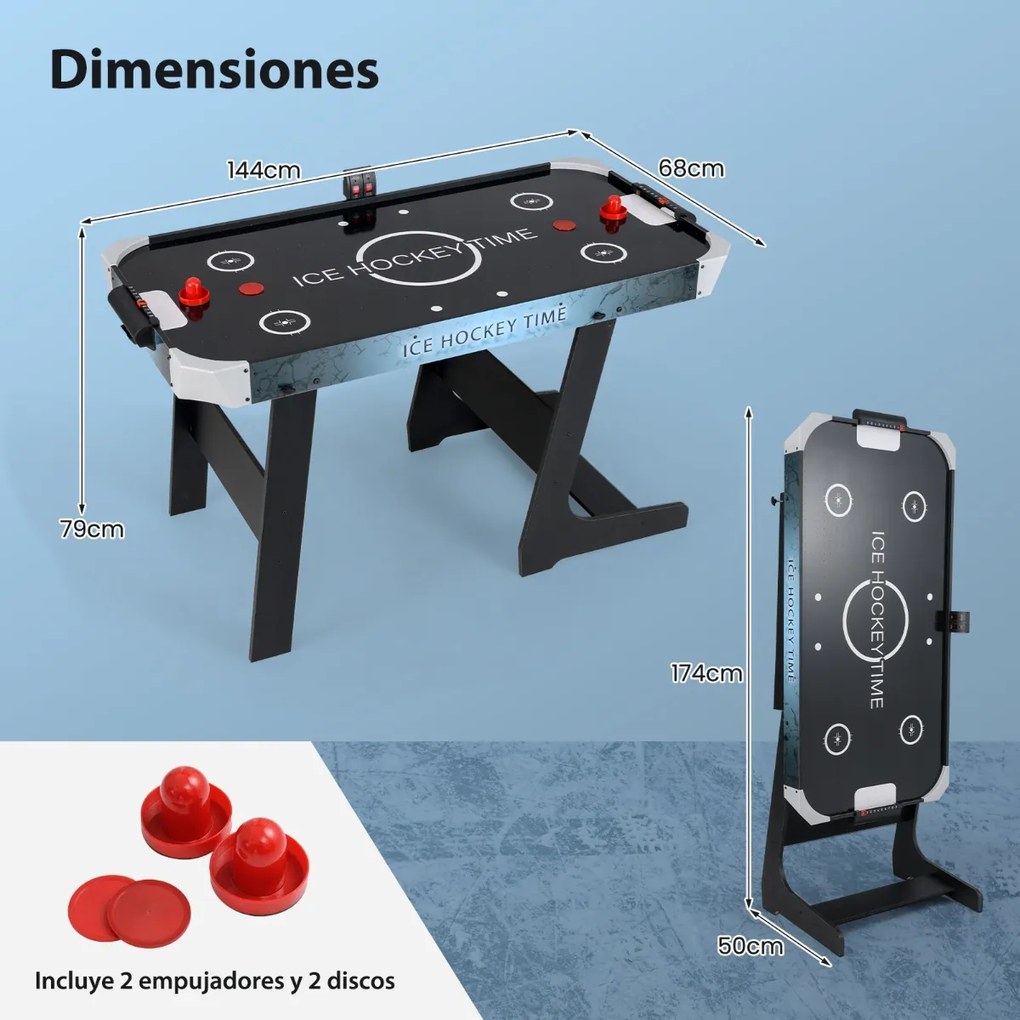 Mesa de hóquei de ar com marcador eletrónico Motor de 12 V 2 discos e 2 empurradores Jogo de hóquei de pé 144 x 68 x 79 cm Preto