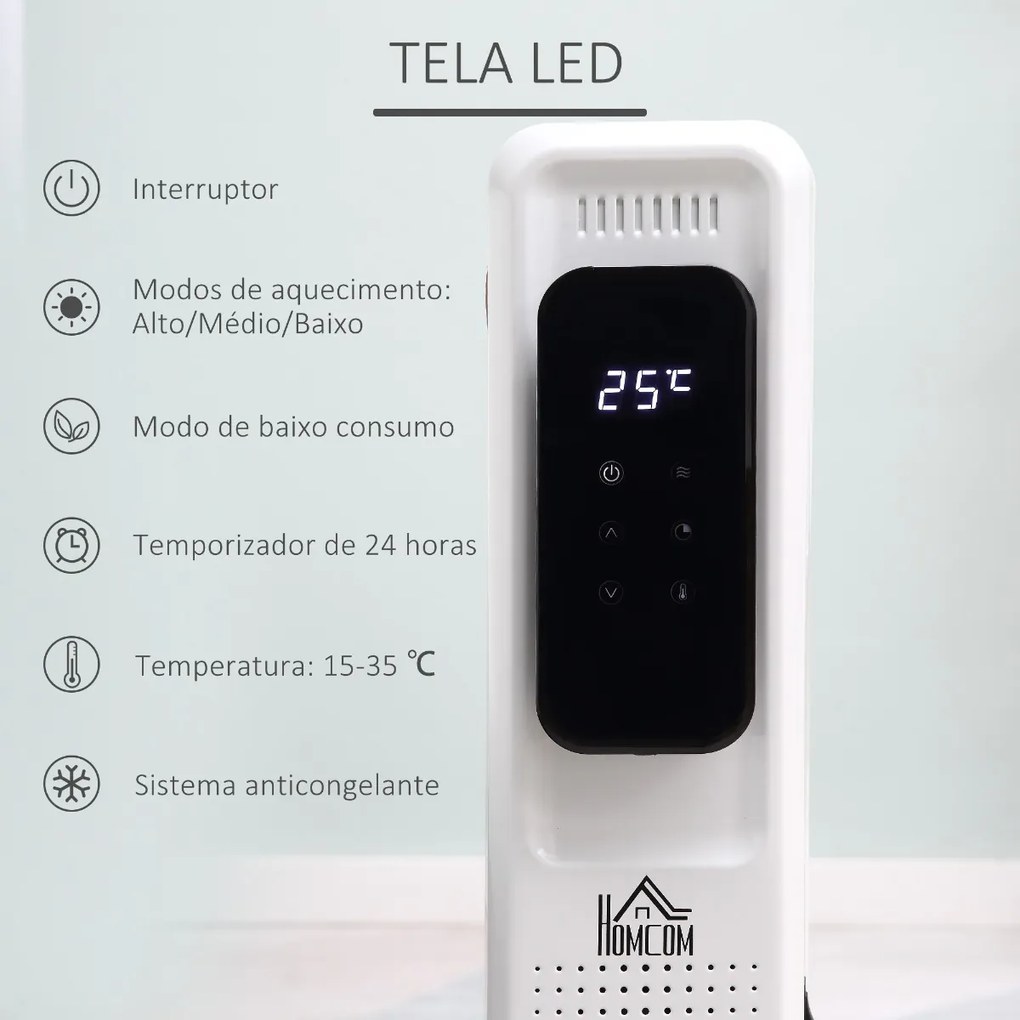 Radiador a Óleo 1830/2180W com 3 Modos de Aquecimento Tela LED Controle Tátil Termostato Temporizador 24H e Rodas Baixo Consumo para 20m² 42,5x24x63cm