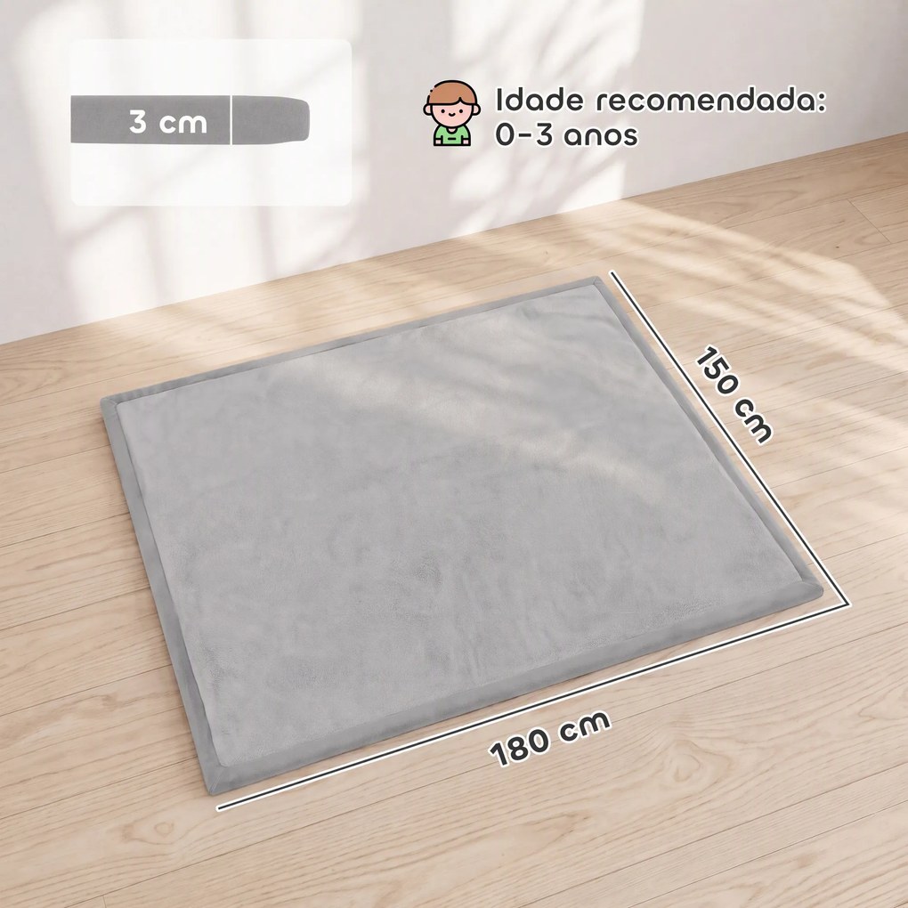 Tapete Infantil 180x150 cm Espuma 3 cm (PARQUE NÃO INCLUIDO) Franela Suave Antiderrapante Impermeável Cinza Claro