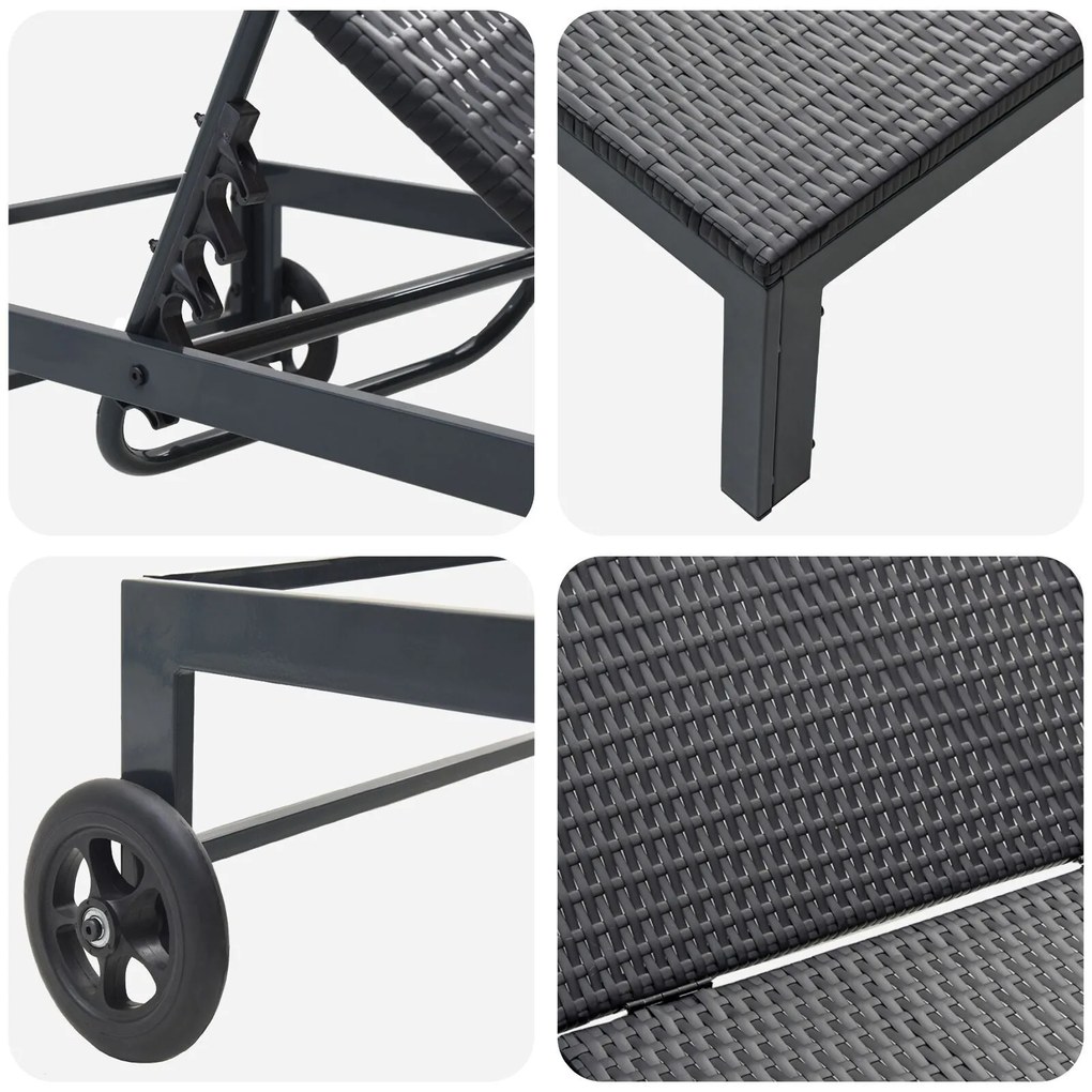 Espreguiçadeiras 2 pcs com Rodas e Mesa em Rattan Preto