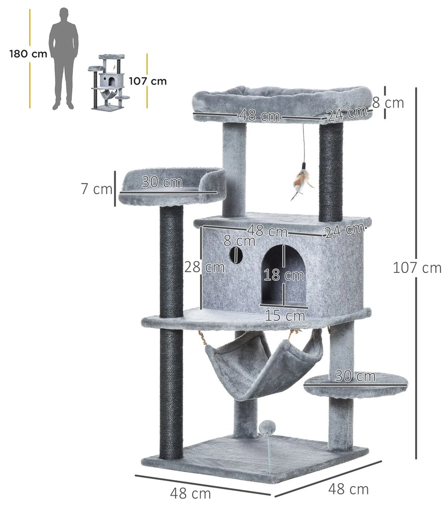 PawHut Árvore Arranhadora para Gatos 48x48x107cm com Caverna de Feltro