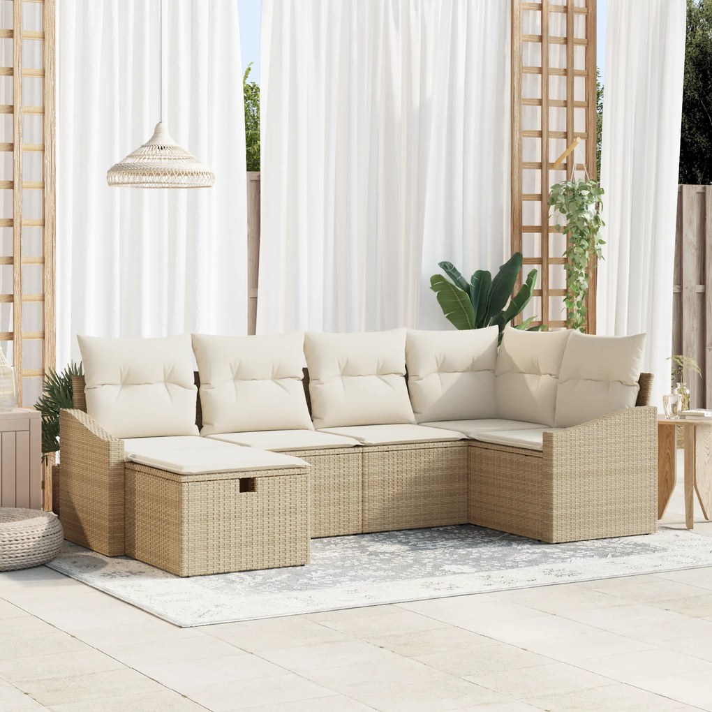 Conjunto de Sofá de Jardim 6 Peças com Almofadas Bege Rattan Poliéster