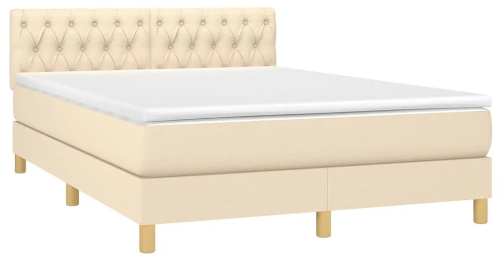 Cama box spring c/ colchão e LED 140x190 cm tecido cor creme