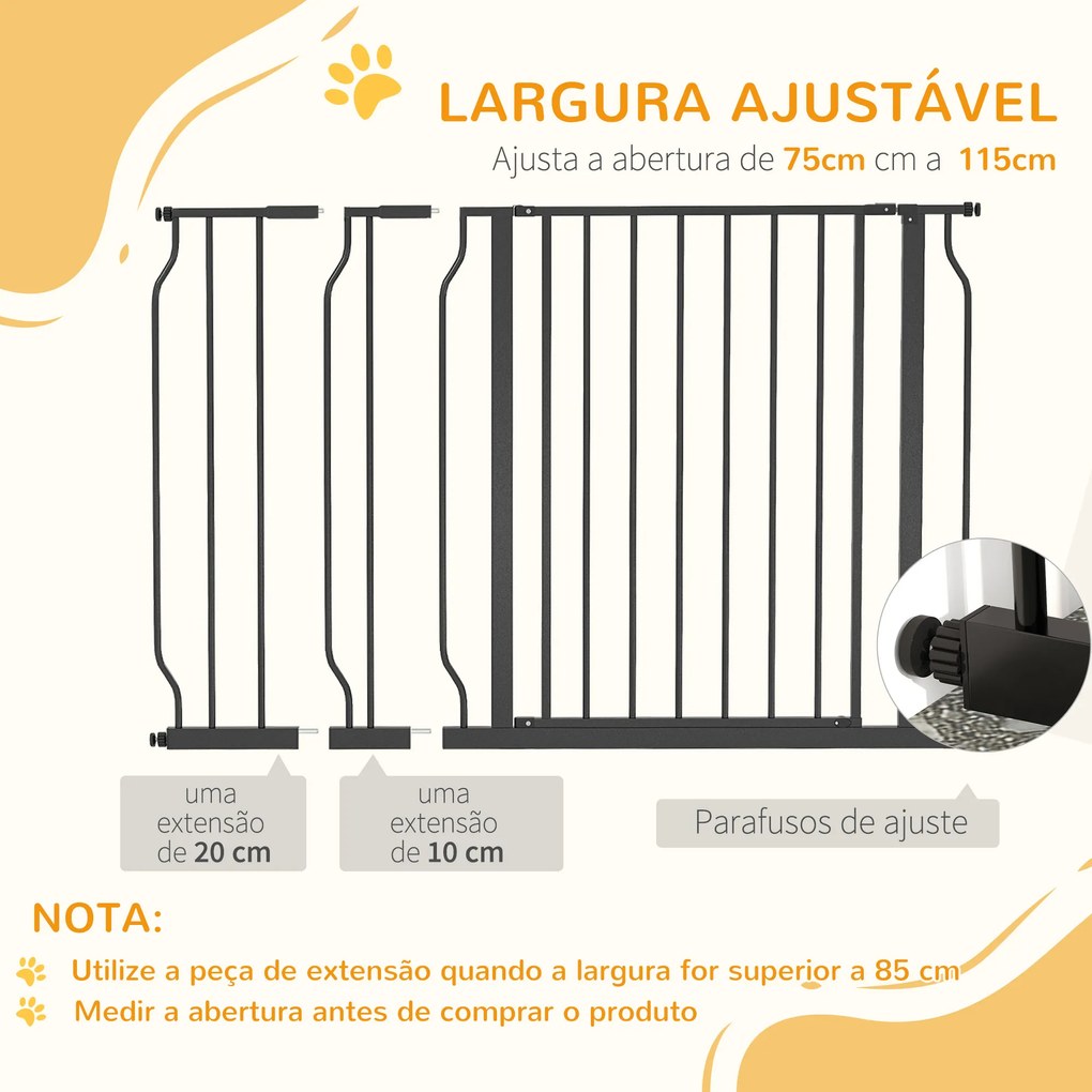 Barreira de Segurança para Cães Extensível para Escadas e Portas 75-115 cm com 2 Extensões e 10-20 cm Altura 76 cm Preto