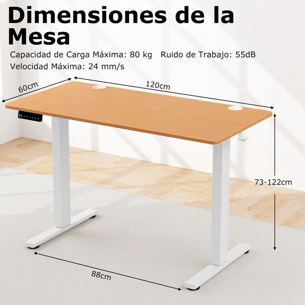 Secretária eléctrica de escritório com tampo de mesa 4 funções de memória 2 ganchos de suspensão 120 x 60 x 73-122 cm Natural