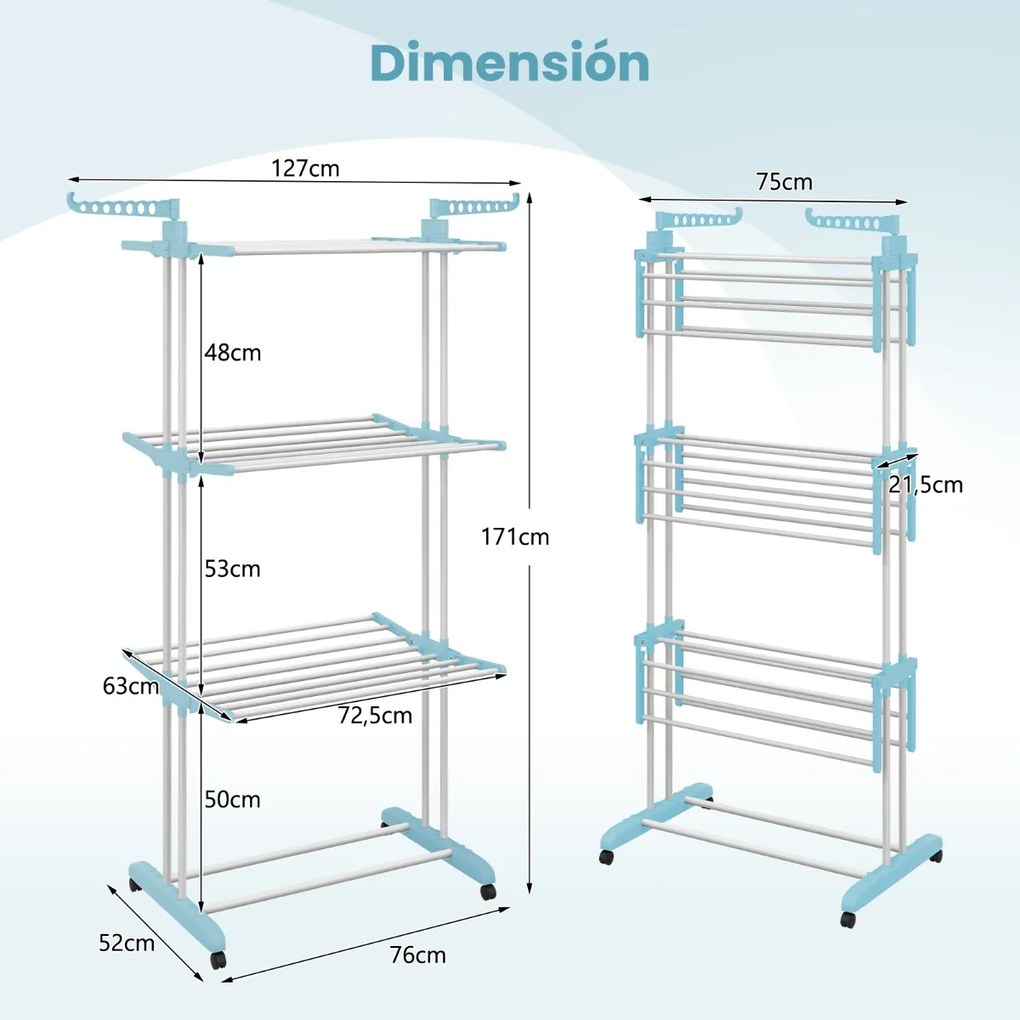 Estendal de roupa dobrável de 4 níveis Estendal de secagem de roupa com rodas Toalhas Sapatos 127 x 63 x 171 cm Azul