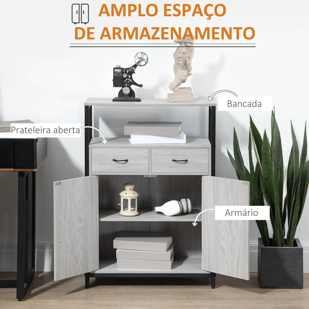 HOMCOM Armário de Sala de Estar com 2 Portas 2 Gavetas e Prateleira Ajustável Móvel Auxiliar de Armazenamento para Cozinha Sala de Jantar Dormitório Estilo Moderno 64x34x90cm Cinza