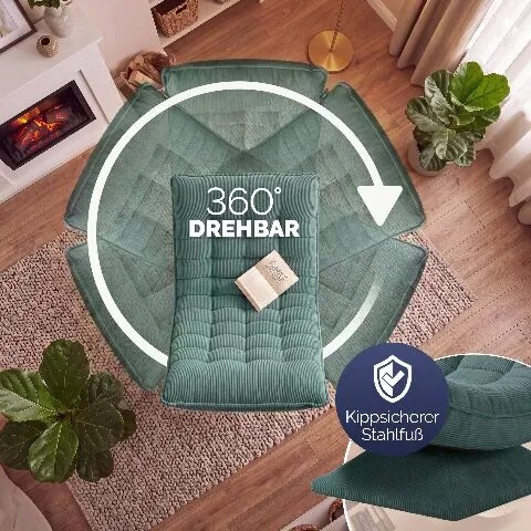 Poltrona em veludo cotelê Aberdeen, ajustável em 5 posições, giratória a 360°, dobrável cinzento-esverdeado