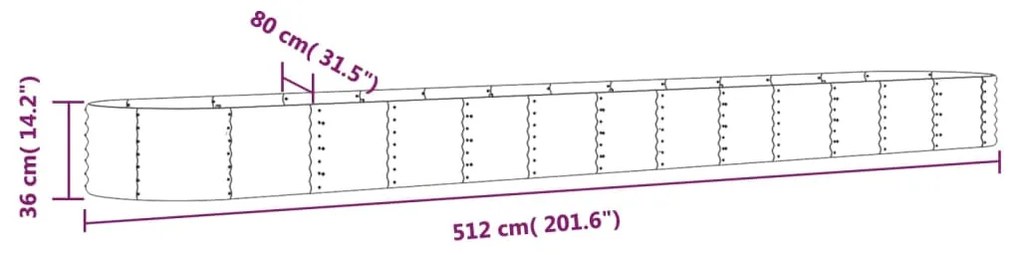 Canteiro elevado jardim 512x80x36cm aço revestido a pó prateado