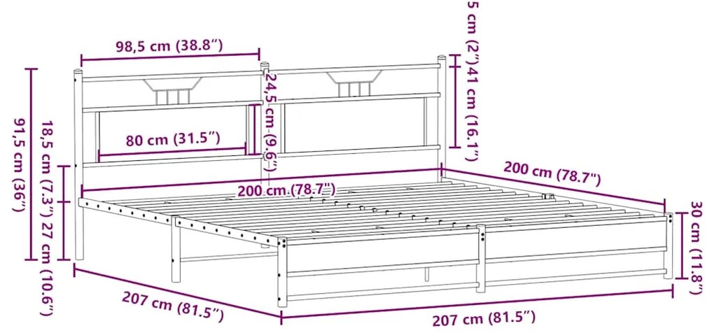 Estrutura de cama sem colchão 200x200cm metal carvalho fumado