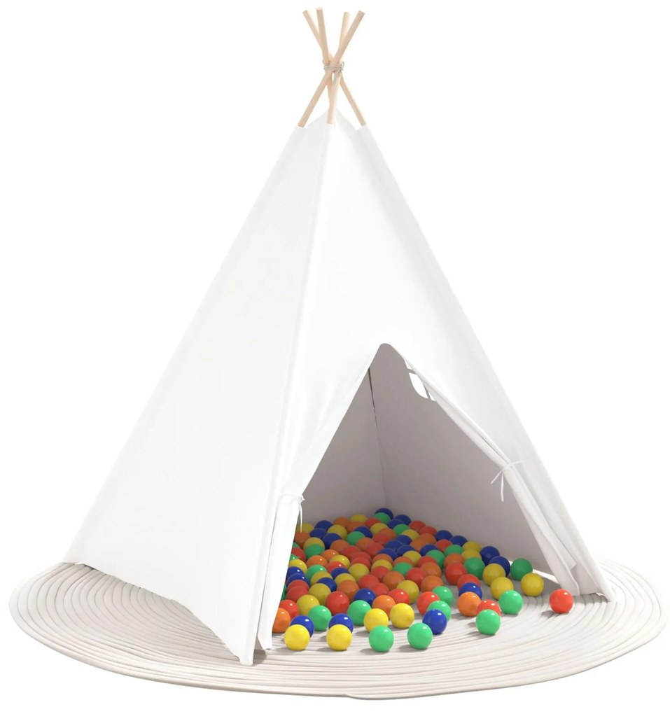 Tenda Teepee para Crianças com Bolsa Pêssego e Bolas de Brincar Branca