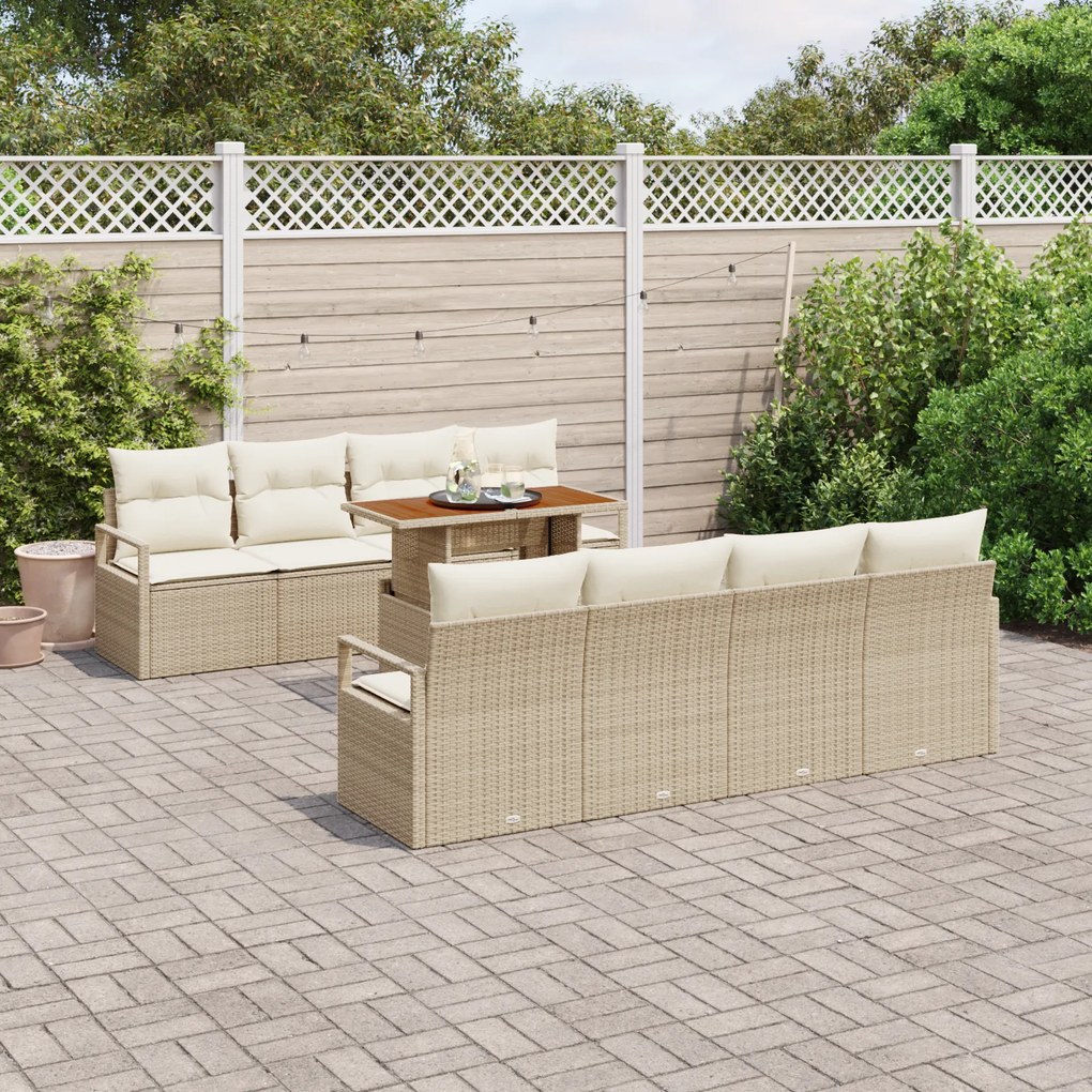 Conjunto de Sofá de Jardim de 9 Peças com Almofadas Bege Rattan Poli