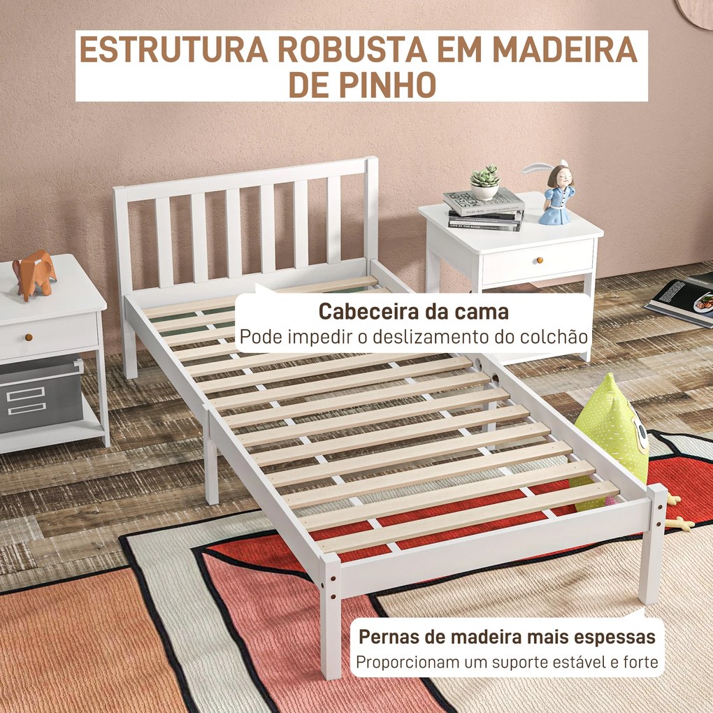 Estrutura de Cama de Madeira Estrado de Cama de Solteiro para Colchão 190x90 cm (NÃO INCLUIDO) Carga 120 kg 198x96x70 cm Branco
