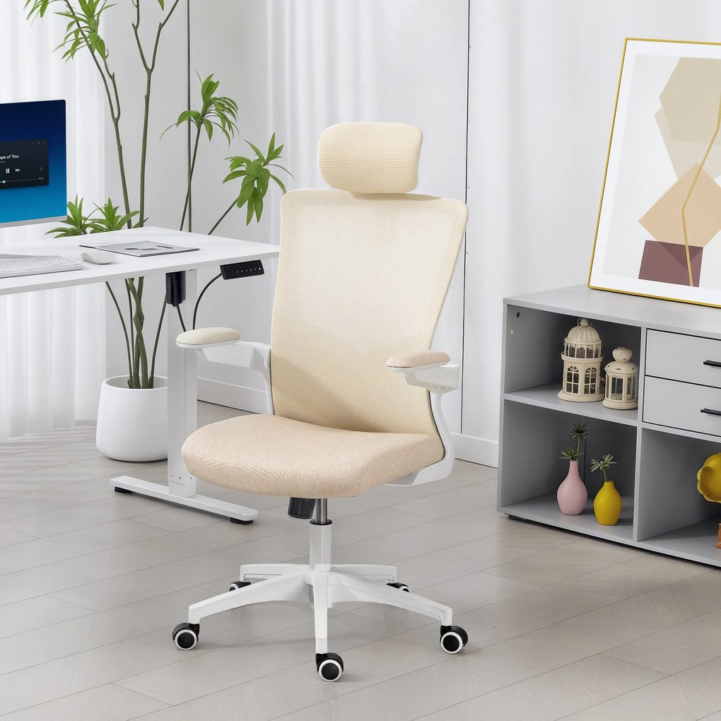 Cadeira de escritório ergonómica, cadeira de escritório, braços rebatíveis, apoio lombar, apoio para a cabeça, 60x63x120 cm, bege